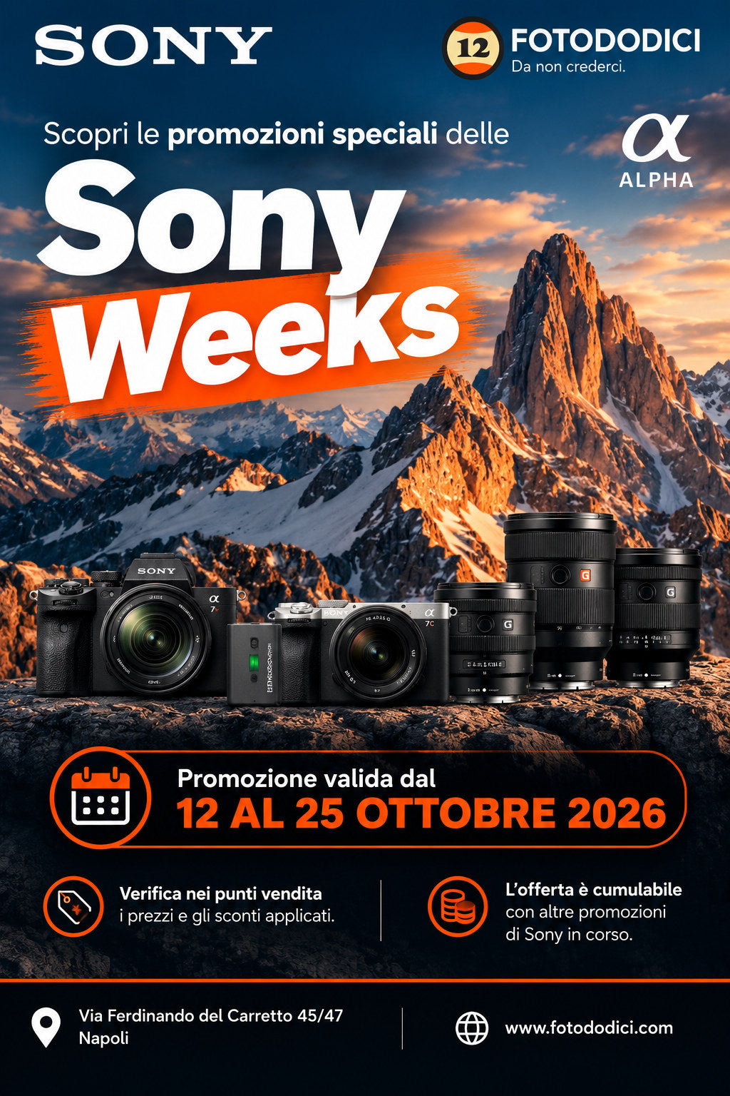 Sony Weeks: promozioni su fotocamere Alpha e obiettivi Sony, dal 12 al 25 ottobre 2026. Offerta cumulabile con altre promozioni Sony in corso.